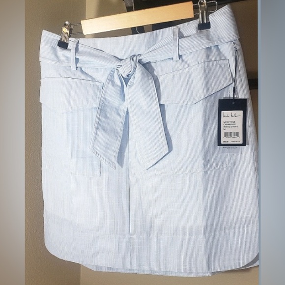 Nicole Miller Chambray/White Stripe Tie Front and working pockets Skirt NWT - Picture 1 of 6